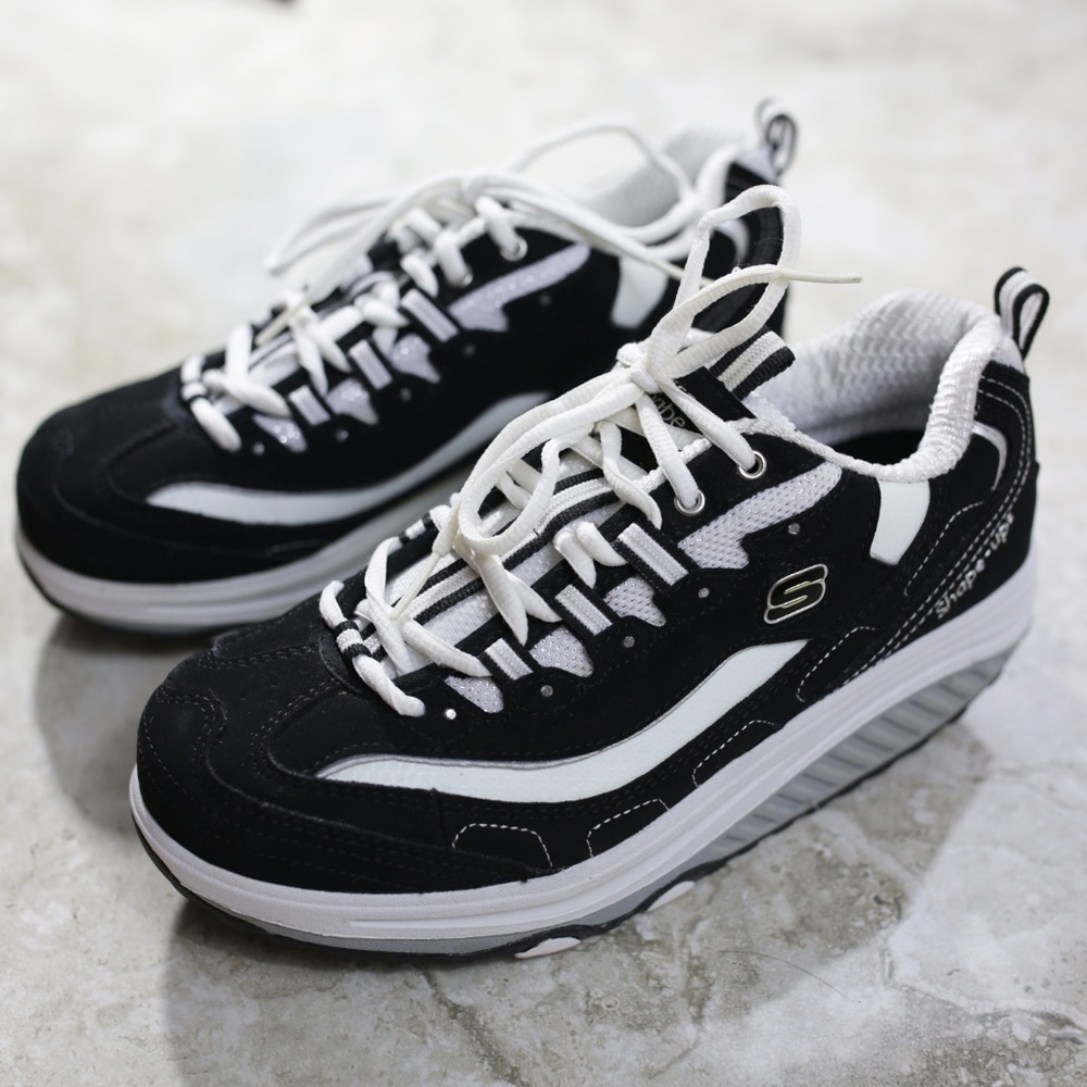 SKECHERS Shape Ups Black White Lace Up Sneakers